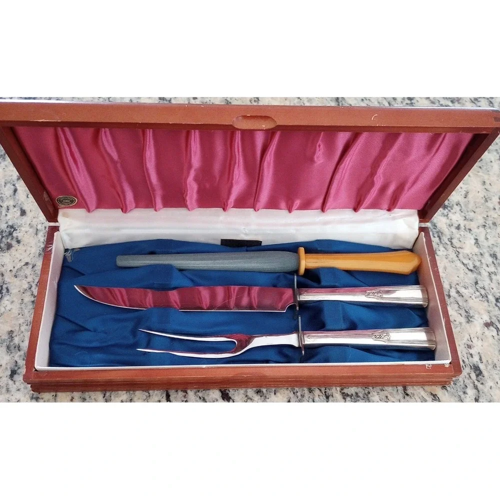 VTG William Rogers Mfg. Co. 3-Piece Carving Knife Set W/Sharpening Wand EUC